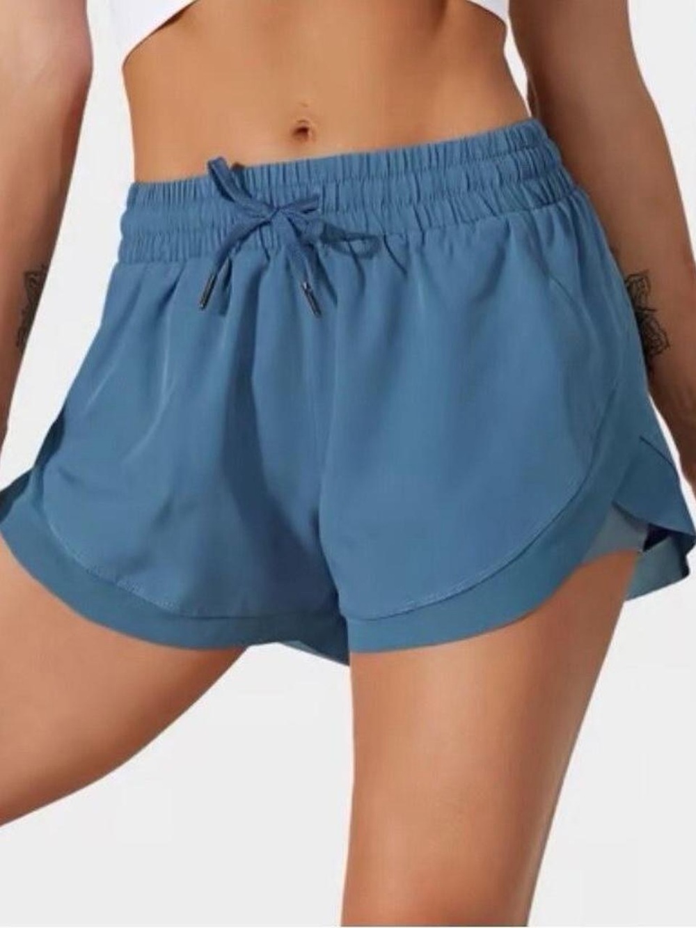 Halara Blue Mid Rise Drawstring Contrast Mesh 2-in-1 Flowy Running Shorts 3'' - Picture 2 of 6